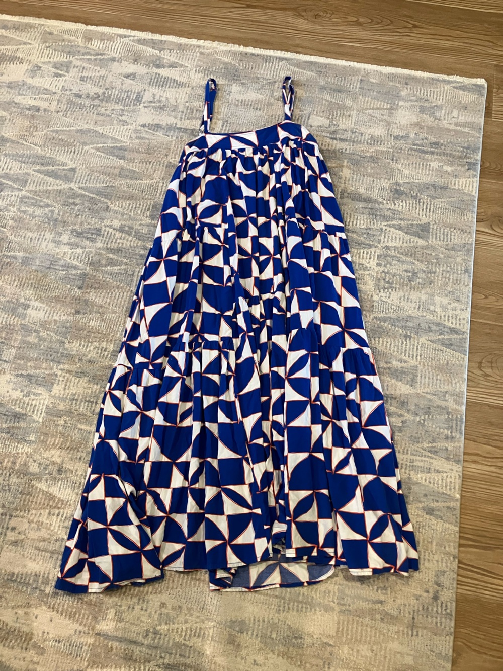 Anthropologie Blue & White Geometric Maxi Dress with Adjustable Straps